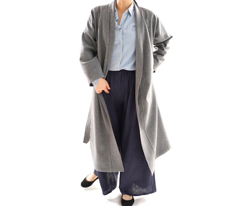 Melton thick wool (wool) Long mellow robe coat / gray / b14-14 - 女大衣/外套 - 其他材質 灰色