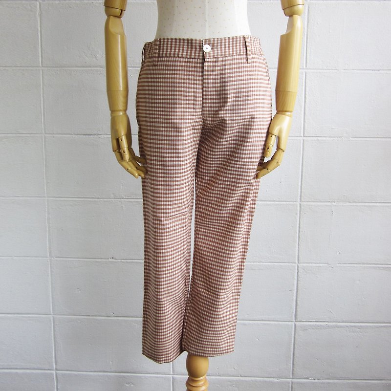 Check Pattern Crop Pants Botanical Dyed Cotton Tan Color. - 女長褲 - 棉．麻 