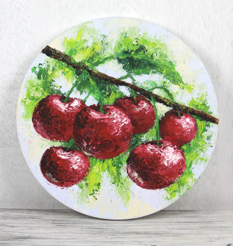 【Cherry】Original acrylic painting Kitchen decor Handing picture Fruit paintnig - Posters - Cotton & Hemp Red