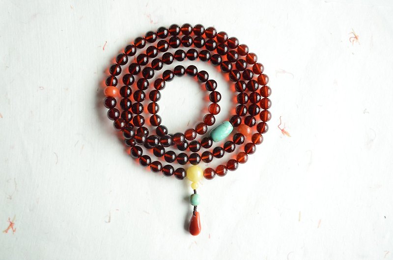 Support custom-made [Buddhism] Amber Blood Popper 108 Beads Rosary Bracelet Necklace - สร้อยข้อมือ - เครื่องเพชรพลอย สีแดง