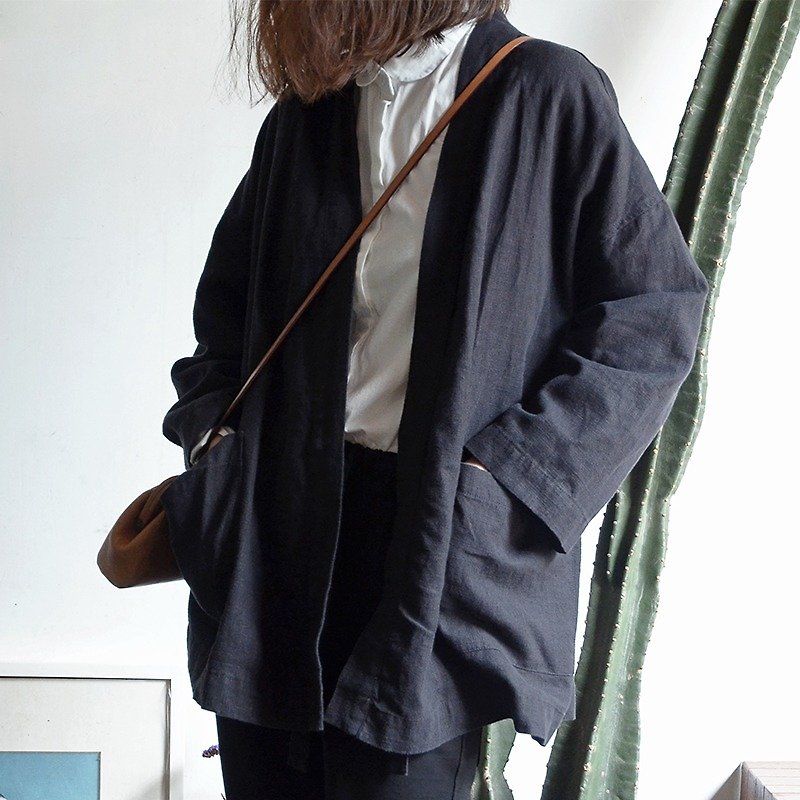 日式和風外套|外套|苧麻|獨立品牌|Sora-54 - 外套/大衣 - 棉．麻 黑色