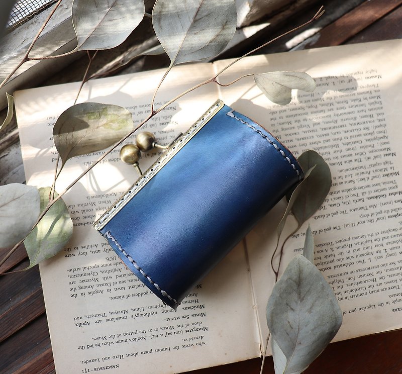 -Cyan blue-leather gold bag purse small bag gift - Coin Purses - Genuine Leather Blue