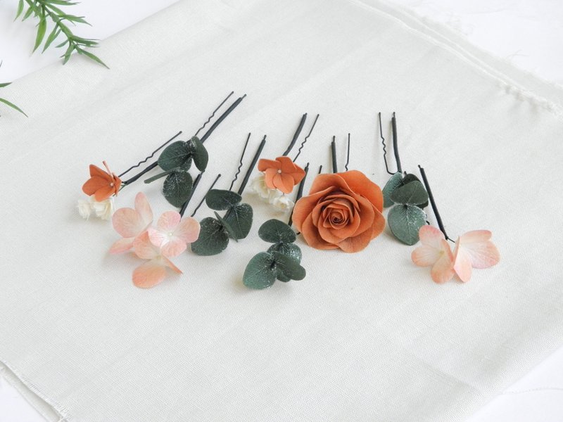 Terracotta wedding hair pins Flowers bridal hair piece - 髮夾/鯊魚夾 - 其他材質 橘色