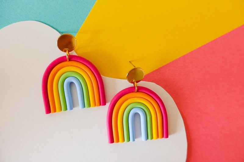 Stubborn Series-Pink Rainbow Handmade Soft Pottery Earrings / Clips can be changed - Earrings & Clip-ons - Pottery Multicolor