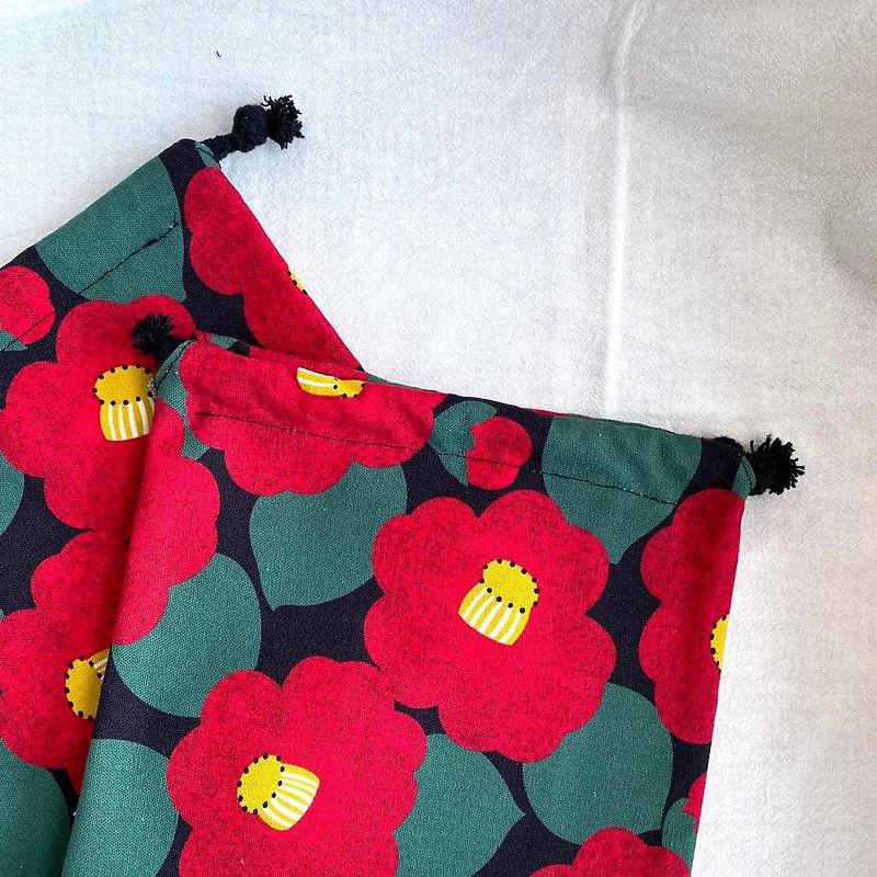 Camellia Bouquet Pocket - Drawstring Bags - Cotton & Hemp Red