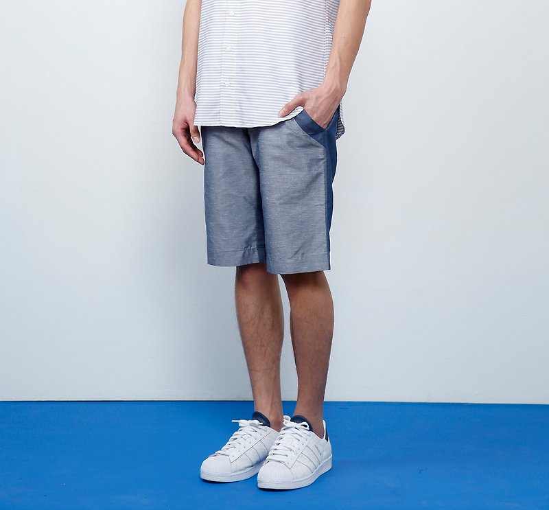[Clear product] Cool and quick-drying Linen color matching five-point shorts-dark blue - กางเกงขาสั้น - ผ้าฝ้าย/ผ้าลินิน สีน้ำเงิน