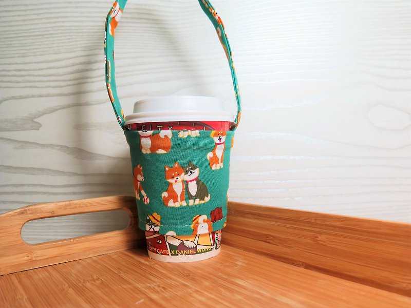 Small couple Shiba Inu (green)/environmental beverage cup sets. Bags. "New policy for plastic limit policy." - Beverage Holders & Bags - Cotton & Hemp Green