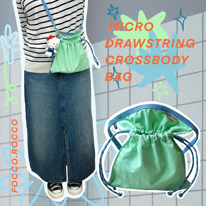 micro drawstring crossbody bag : mint green & light blue - กระเป๋าหูรูด - เส้นใยสังเคราะห์ สีเขียว