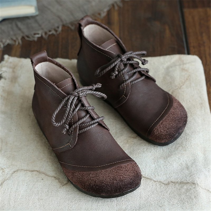 Literary retro elegant flat comfortable comfortable hand-made stitching color-washing boots women's boots autumn and winter - Women's Booties - Genuine Leather Brown