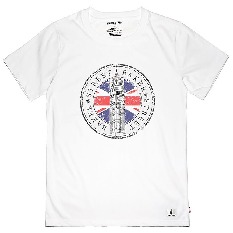 British Fashion Brand -Baker Street- Big Ben T-shirt - เสื้อยืดผู้ชาย - ผ้าฝ้าย/ผ้าลินิน ขาว