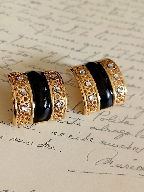 老時光製造所 vintage jewelry 古典黑琺瑯窗花夾式耳環