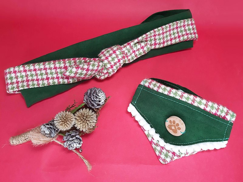 Master and servant flash-colorful Christmas series-pocket scarf + double headband - ชุดสัตว์เลี้ยง - ผ้าฝ้าย/ผ้าลินิน สีเขียว