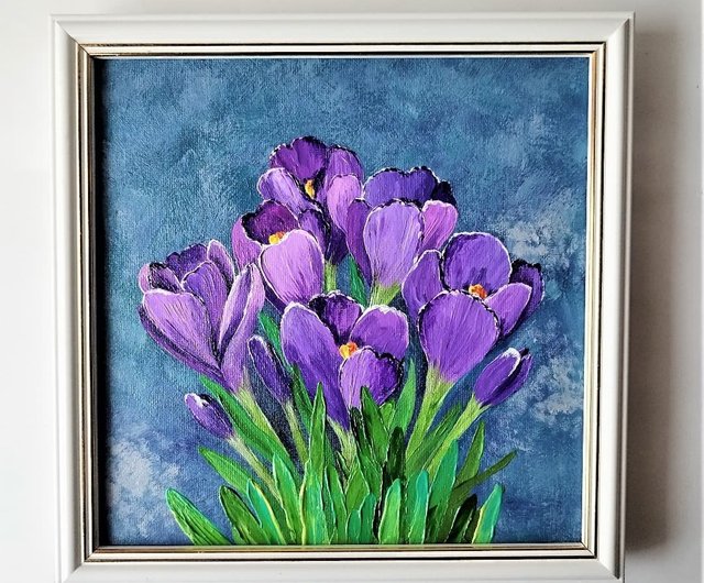 クロッカスの絵 紫色の花の花束の絵 壁の装飾のアートワーク 畫 壓克力