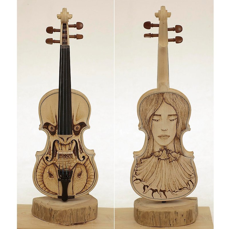 Devil And Angel pyrography arts of violin - ของวางตกแต่ง - ไม้ 