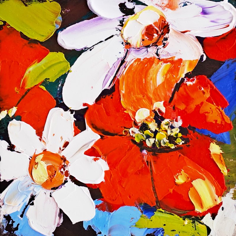 Poppy Painting Daisy Original Art Impasto Flowers Oil Painting Floral Artwork - โปสเตอร์ - วัสดุอื่นๆ หลากหลายสี