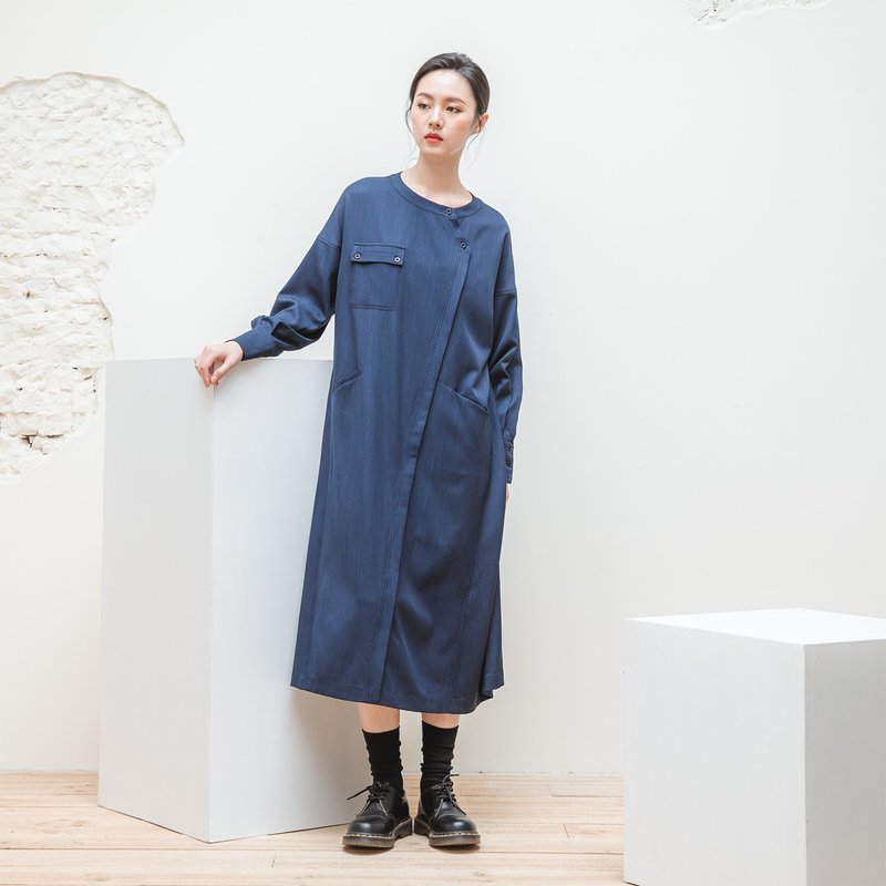 //SUMI x WEARMACAU// Silhouettes_剪影裁片洋裝_20AF153_深紺 - 洋裝/連身裙 - 棉．麻 藍色