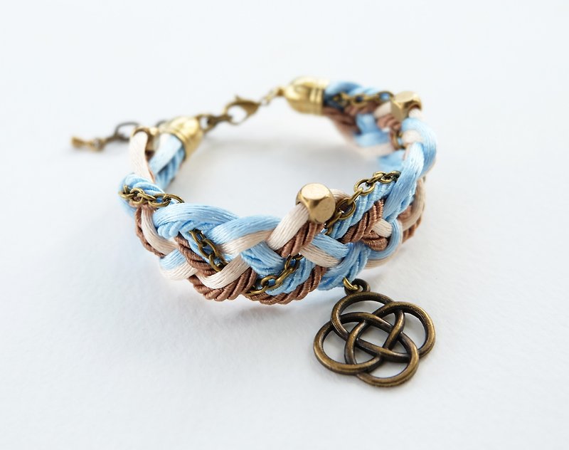 Blue Cream Brown braided bracelet with brass materials - Bracelets - Other Materials Blue