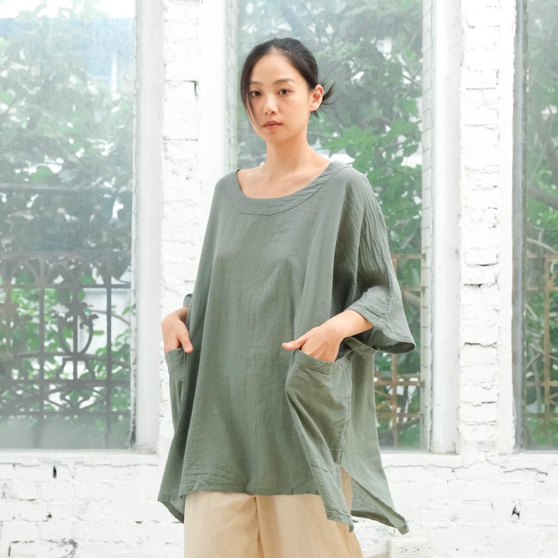寬版大口袋上衣 / 慕斯布 灰綠 - 女上衣/長袖上衣 - 棉．麻 綠色