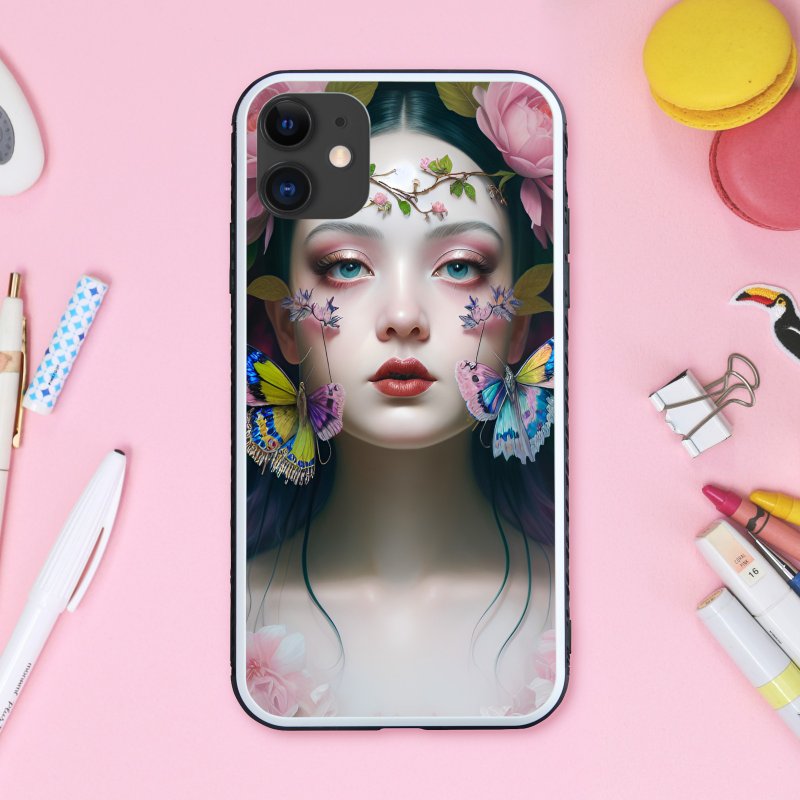 Dreamy cute girl with flower lover and colorful and glittering butterflies Smartphone case [Tempered glass finish] Compatible with iPhone 16 - Phone Cases - Plastic Multicolor