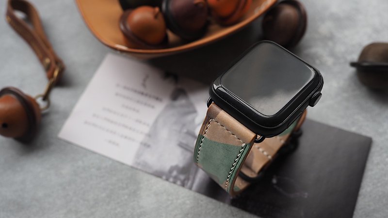 純手工牛皮黃棕迷彩蘋果Applewatch錶帶 顏色款式可客製化 可刻字 - 錶帶 - 真皮 多色