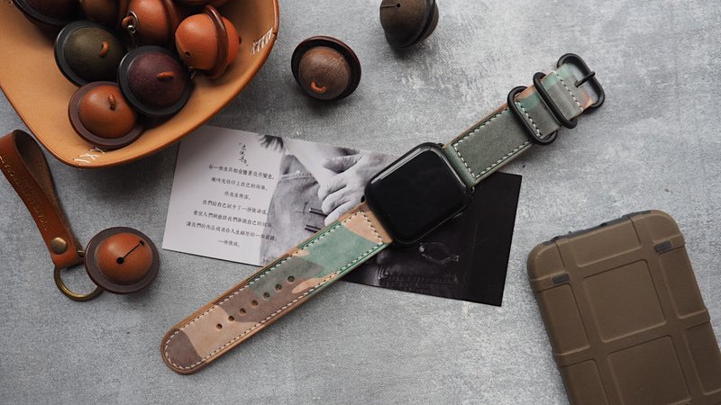純手工牛皮黃棕迷彩蘋果Applewatch錶帶 顏色款式可客製化 可刻字 - 錶帶 - 真皮 多色