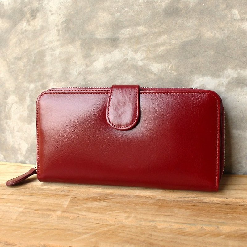 Leather Wallet - Zip Around Plus - Dark Burgundy / Red (Genuine Cow Leather) - 銀包 - 真皮 