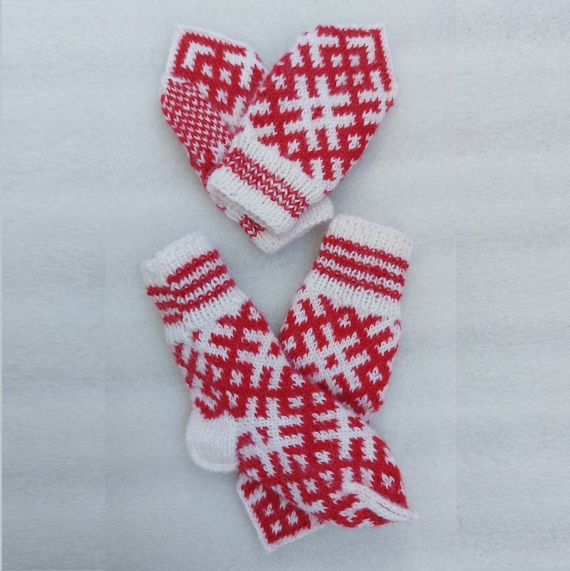 Children's knitted set woolen socks and handmade mittens with a pattern - Baby Socks - Wool Red