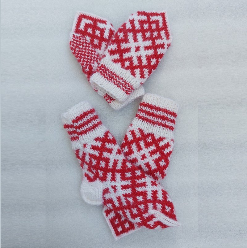 Children's knitted set woolen socks and handmade mittens with a pattern - Baby Socks - Wool Red