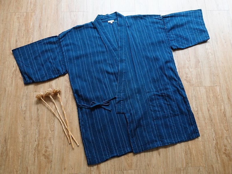 Vintage kimono / very flat no.115 - เสื้อโค้ทผู้ชาย - ผ้าฝ้าย/ผ้าลินิน สีน้ำเงิน