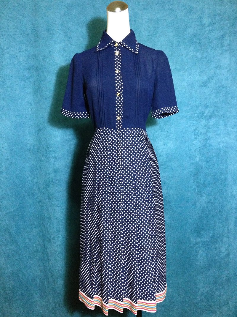 Ping-pong vintage [vintage dress / retro little blue striped vintage chiffon long dress] - One Piece Dresses - Polyester Blue