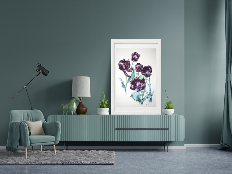 Tulip floral wall art original watercolor painting by artist Irina Zhunaeva - 海報/掛畫/掛布 - 紙 紫色
