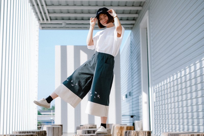 Two Tone Culottes 兩條褲子 綠色-奶油色: Green-Cream - 女長褲 - 棉．麻 綠色