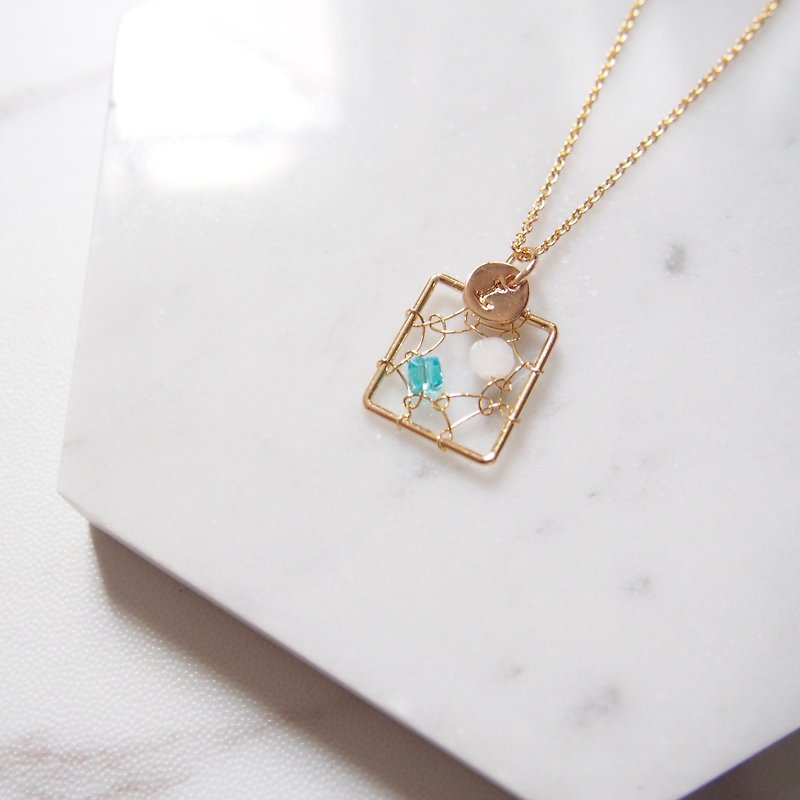 Ocean Dreamcatcher Rectangular English Letters・Gold Plated Necklace Necklace (45cm) - Necklaces - Other Metals Blue