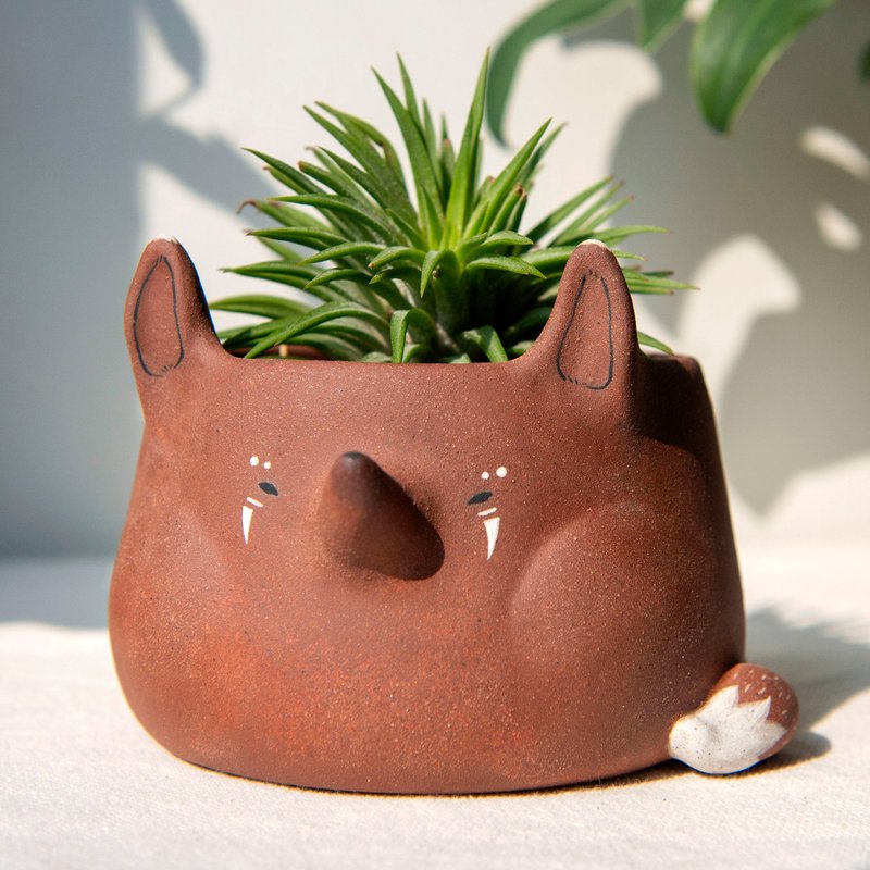 Chubby cheeks Tribal Brown Fox Planter. Handmade plant pot with drainage. - Pottery & Ceramics - Pottery 