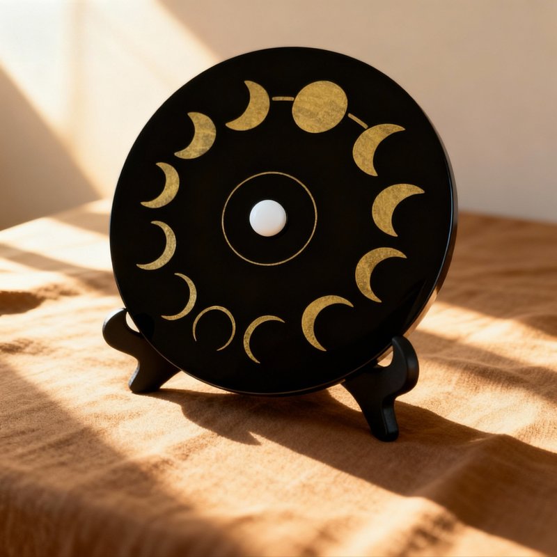 黑曜石白水晶月相能量擺件 激光雕刻手工描金圓盤家居療癒裝飾 - 擺飾/家飾品 - 水晶 黑色