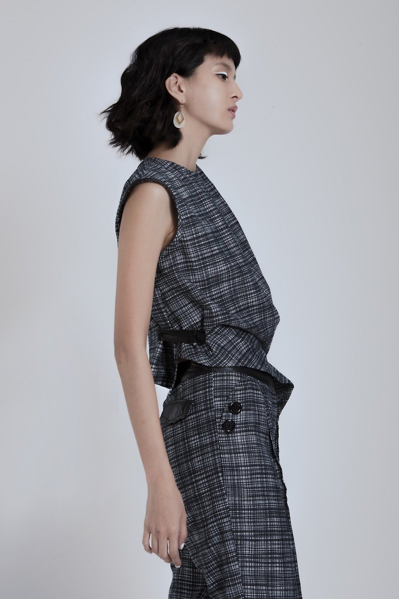 Plaid top - เสื้อผู้หญิง - ผ้าฝ้าย/ผ้าลินิน สีดำ
