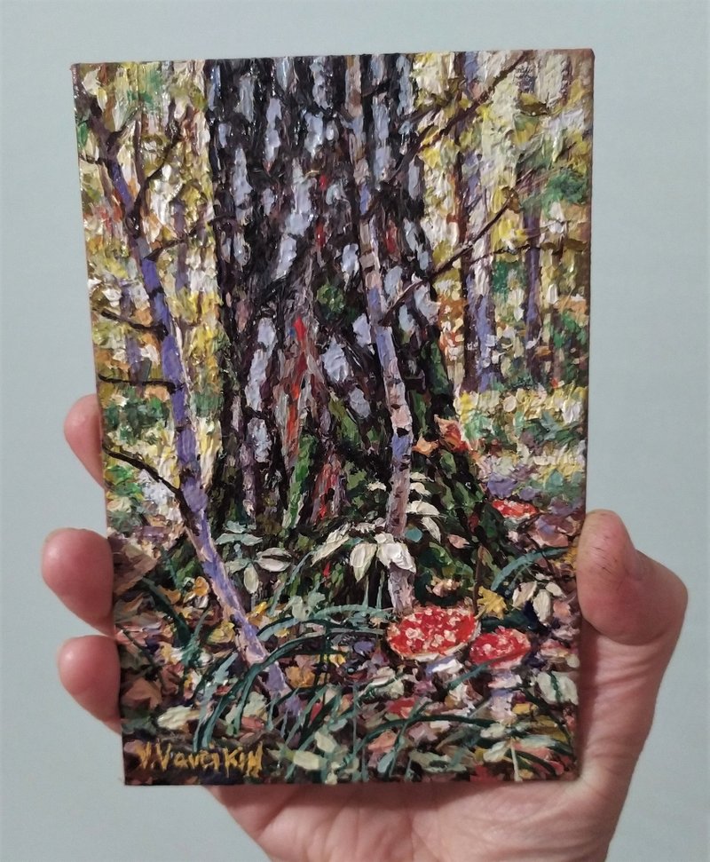 Forest painting mushrooms artwork small oil painting 6x4 inches - ตกแต่งผนัง - ผ้าฝ้าย/ผ้าลินิน สีเขียว