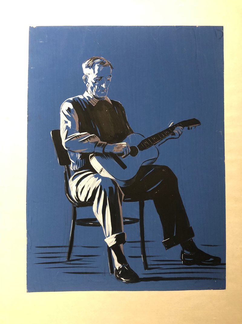The Guitarist painting in realistic style gouache on paper 1970s - 海報/掛畫/掛布 - 紙 