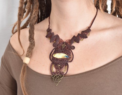 SARINAS Brown macrame Lunar Goddess necklace, labradorite festival necklace