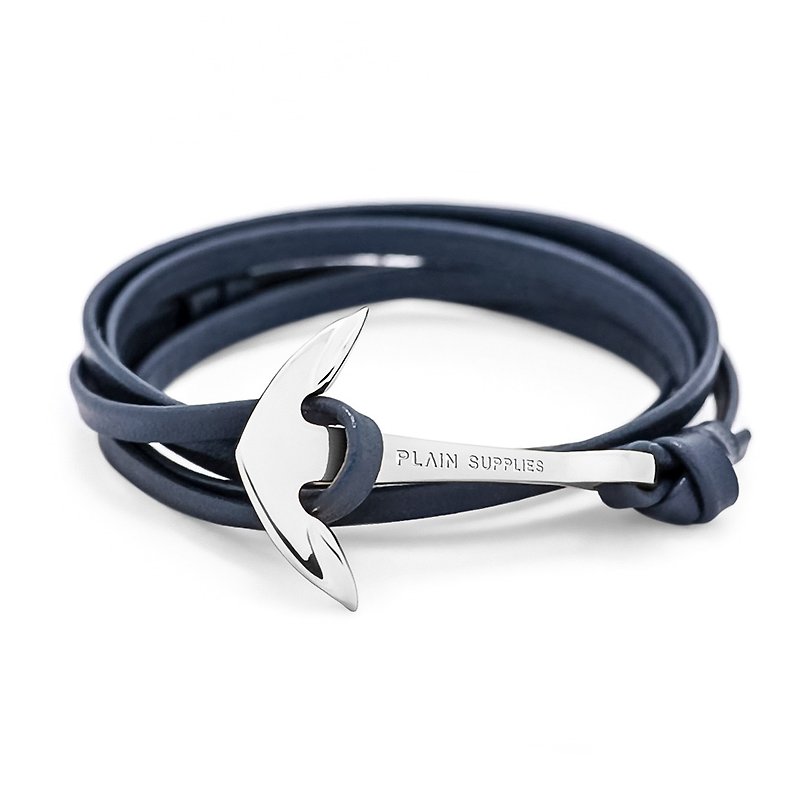 Silver Anchor Navy Leather Bracelet - สร้อยข้อมือ - หนังแท้ สีน้ำเงิน