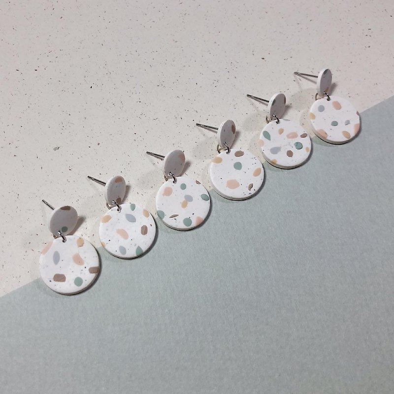 Original handmade soft clay earrings-terrazzo cake round earrings - Earrings & Clip-ons - Pottery White
