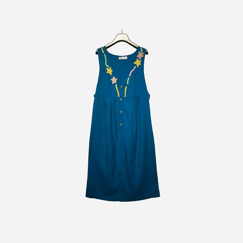 Dislocation vintage / flower blue and green vest skirt dress no.1122 vintage - One Piece Dresses - Cotton & Hemp Blue