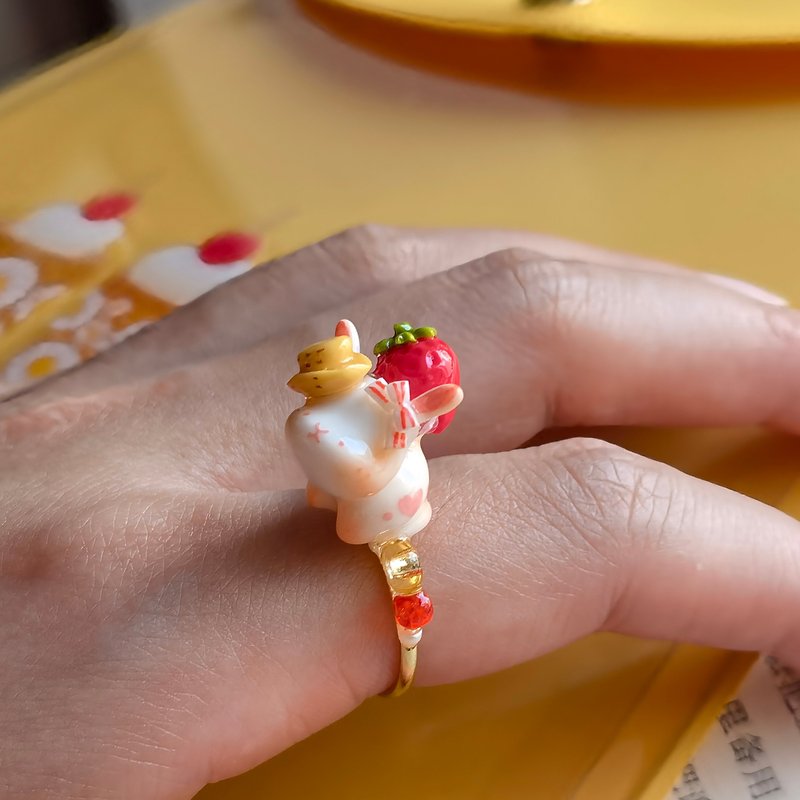 handmade miniature strawberry rabbit ring - General Rings - Clay 
