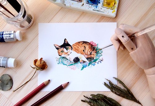 Odin Art Handicraft 客製化 寵物 花卉 手繪 水彩 插畫 - A5尺寸 全身含框