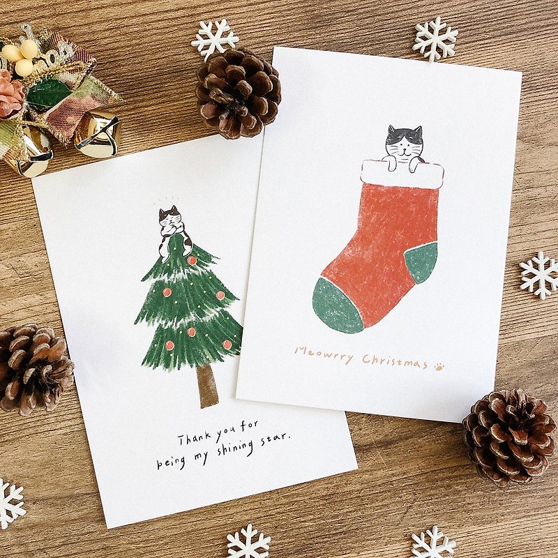 插畫手寫卡片 聖誕節-和貓一起過聖誕2入組 - 心意卡/卡片 - 紙 綠色