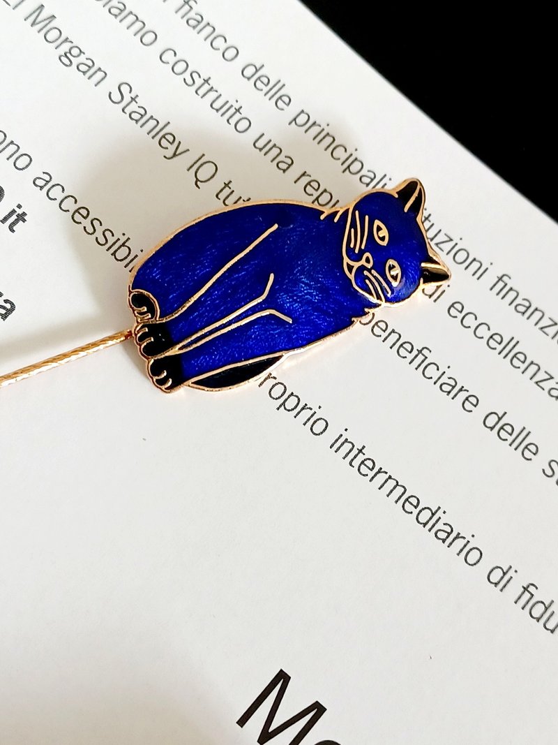 vintage jewelry elegant cloisonné blue cat hat pin stick pin - เข็มกลัด - โลหะ 