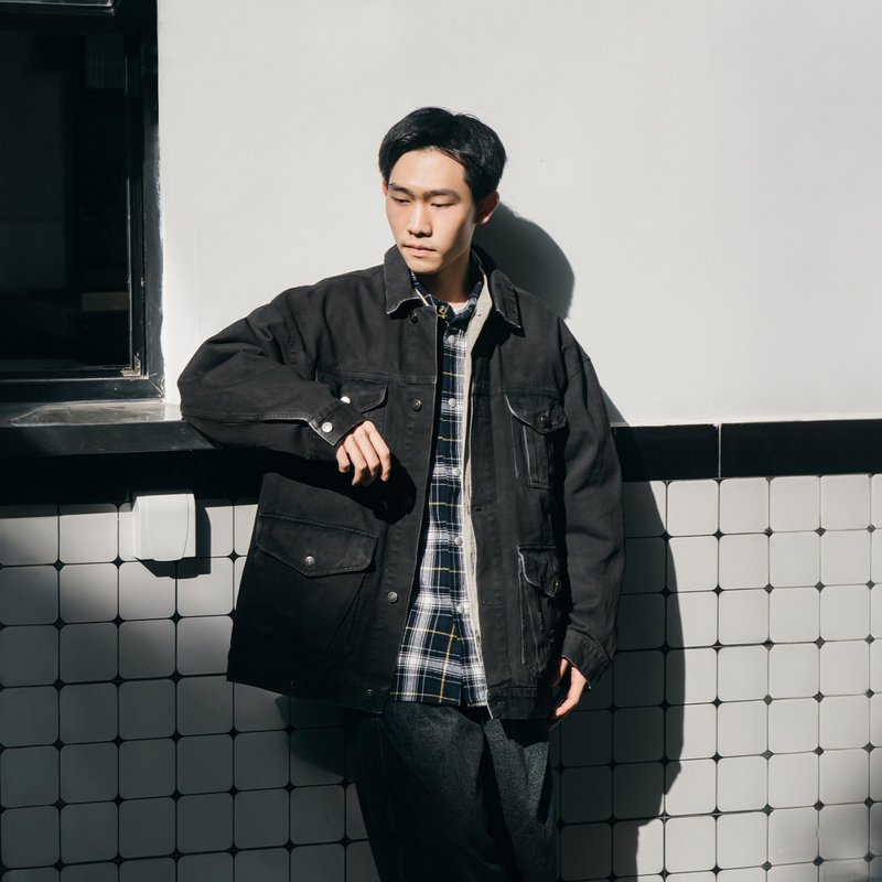 TopBasics Vintage Denim Cruiser Jacket - เสื้อโค้ทผู้ชาย - ผ้าฝ้าย/ผ้าลินิน สีดำ