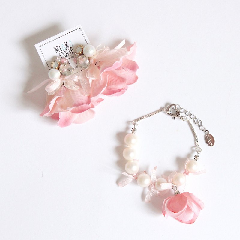 2 piece set handmade beaded flower earrings/ Clip-On real pearl sterling silver bracelet wedding sister gift - สร้อยข้อมือ - พืช/ดอกไม้ สึชมพู