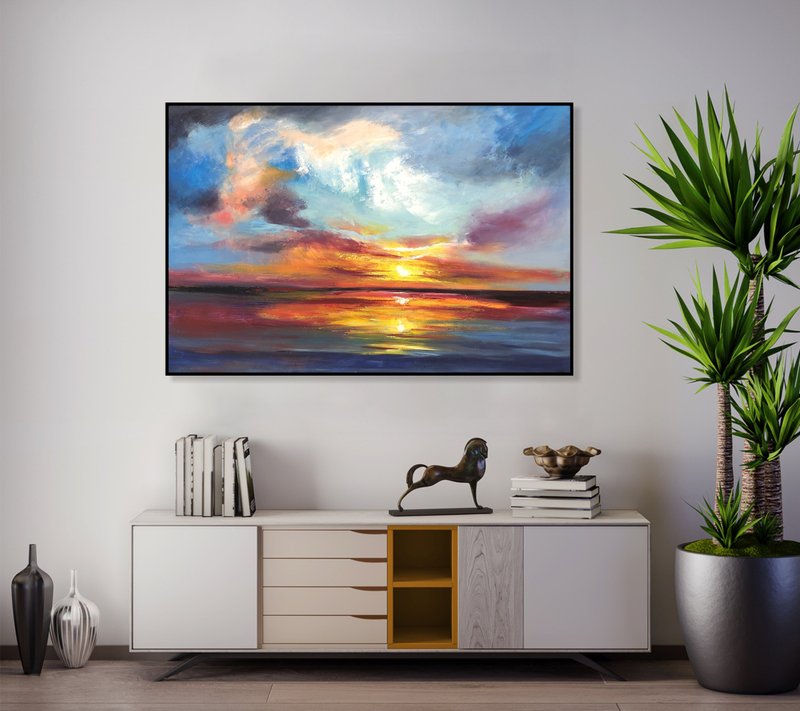 Sunset Painting Acrylic Abstract Horizon Colored Painting Water Reflection Art - ตกแต่งผนัง - อะคริลิค หลากหลายสี