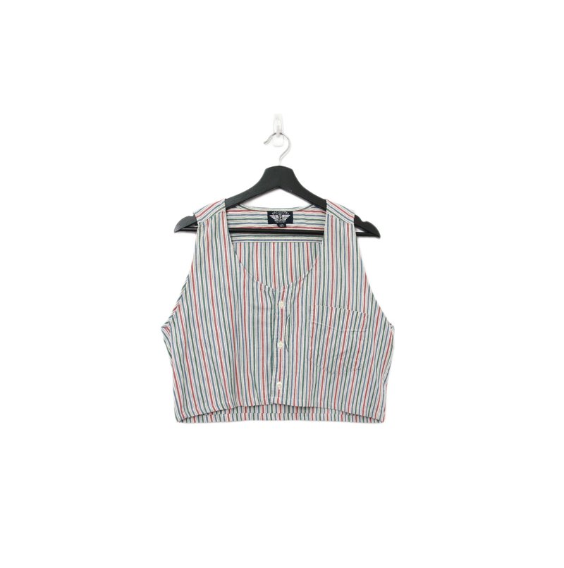Back to Green-再製水洗丹寧條紋背心 綠紅紋 tt-15 vintage vest - 背心/無袖上衣 - 棉．麻 